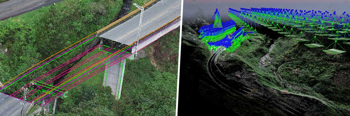 3D rendering of bridge project showing projected work and rayCloud using photogrammetry software and drone mapping.