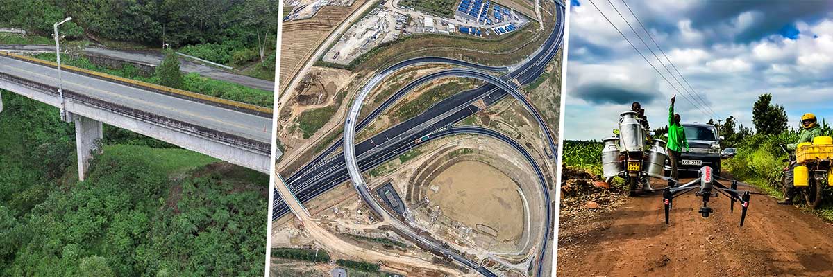 Montage of drone images including a bridge, a road, and a group watching a drone take off. 