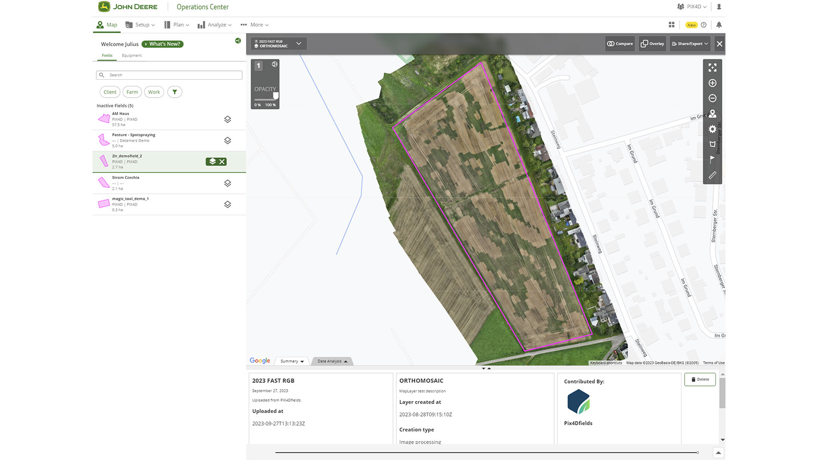 Boundaries on an drone map for agriculture